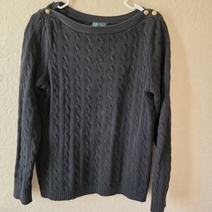 Ralph Lauren Black Cable-Knit Off-the-Shoulder Sweater with Gold Buttons